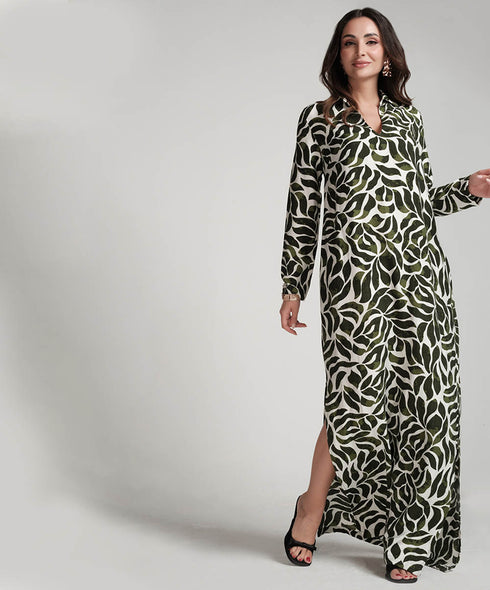 Green Printed Dress With Side Pockets